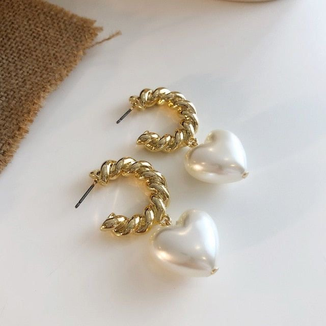 White pearl heart drop earrings