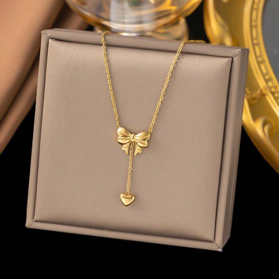 Bow heart drop necklace