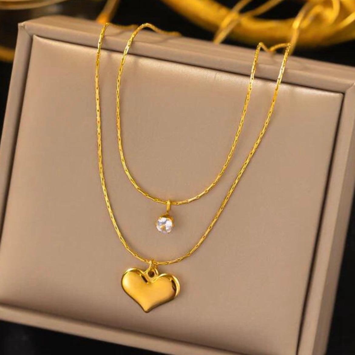 Double layer heart & crystal necklace